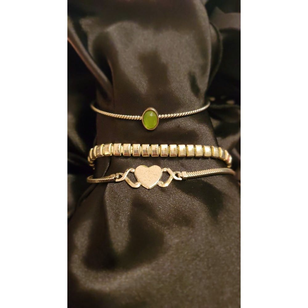Vintage Silver Tone Bracelet Set Heart Snake Chain Block Link Green Stone 3pc